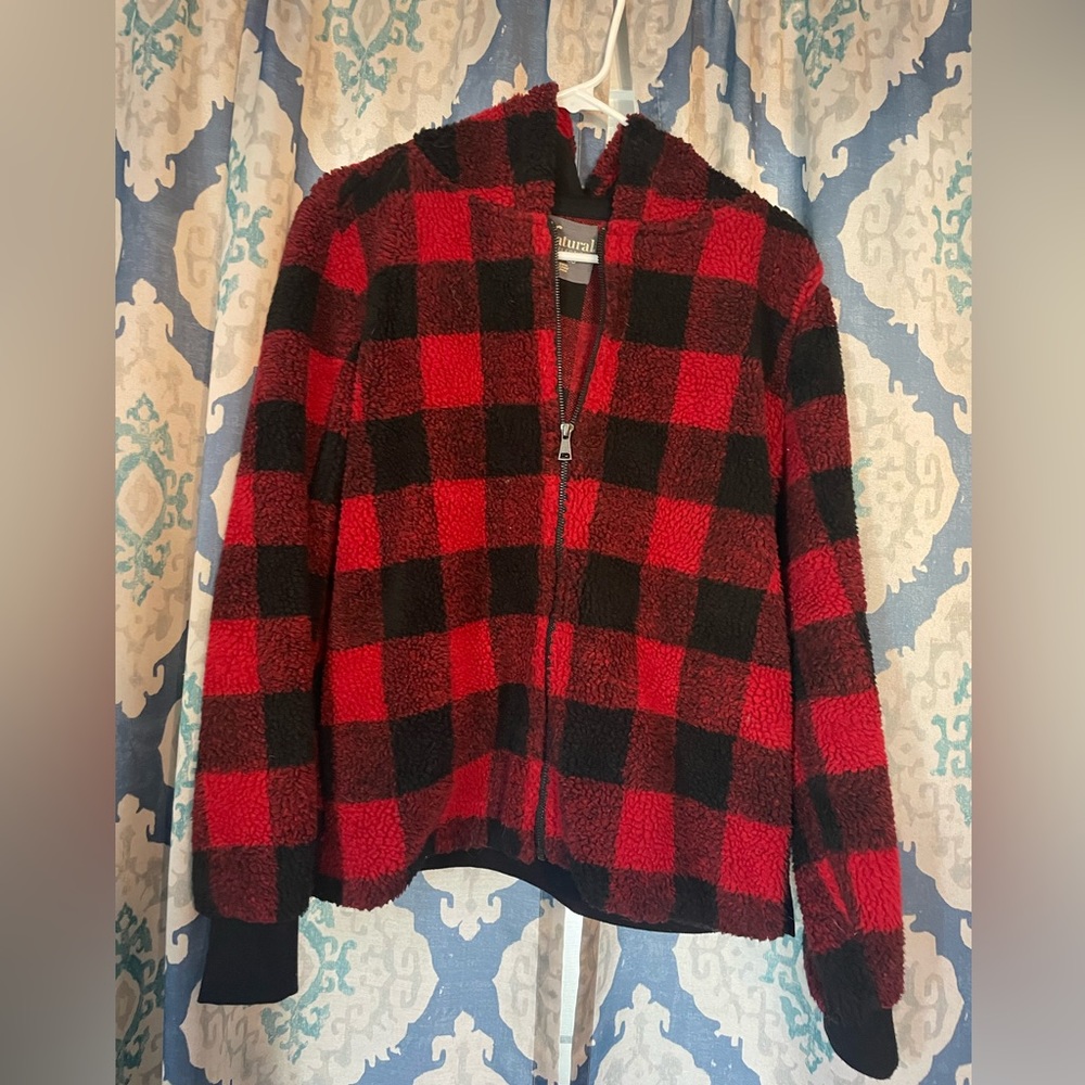 Fuzzy zip up flannel jacket with pockets
